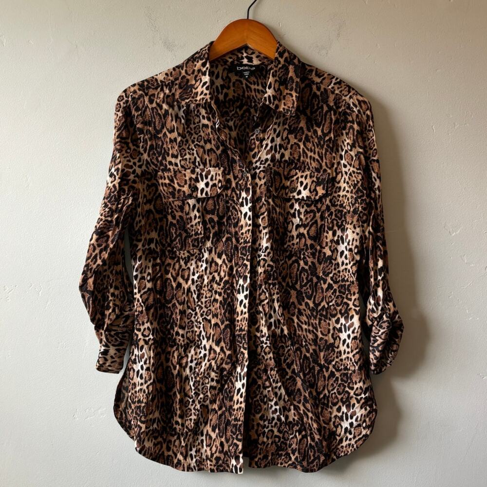 Bebe Leopard Print Silk Button-Up Blouse